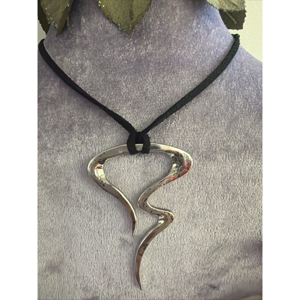 Abstract Asymmetrical 925 Sterling Silver Pendant Black Cord Necklace 18.8g